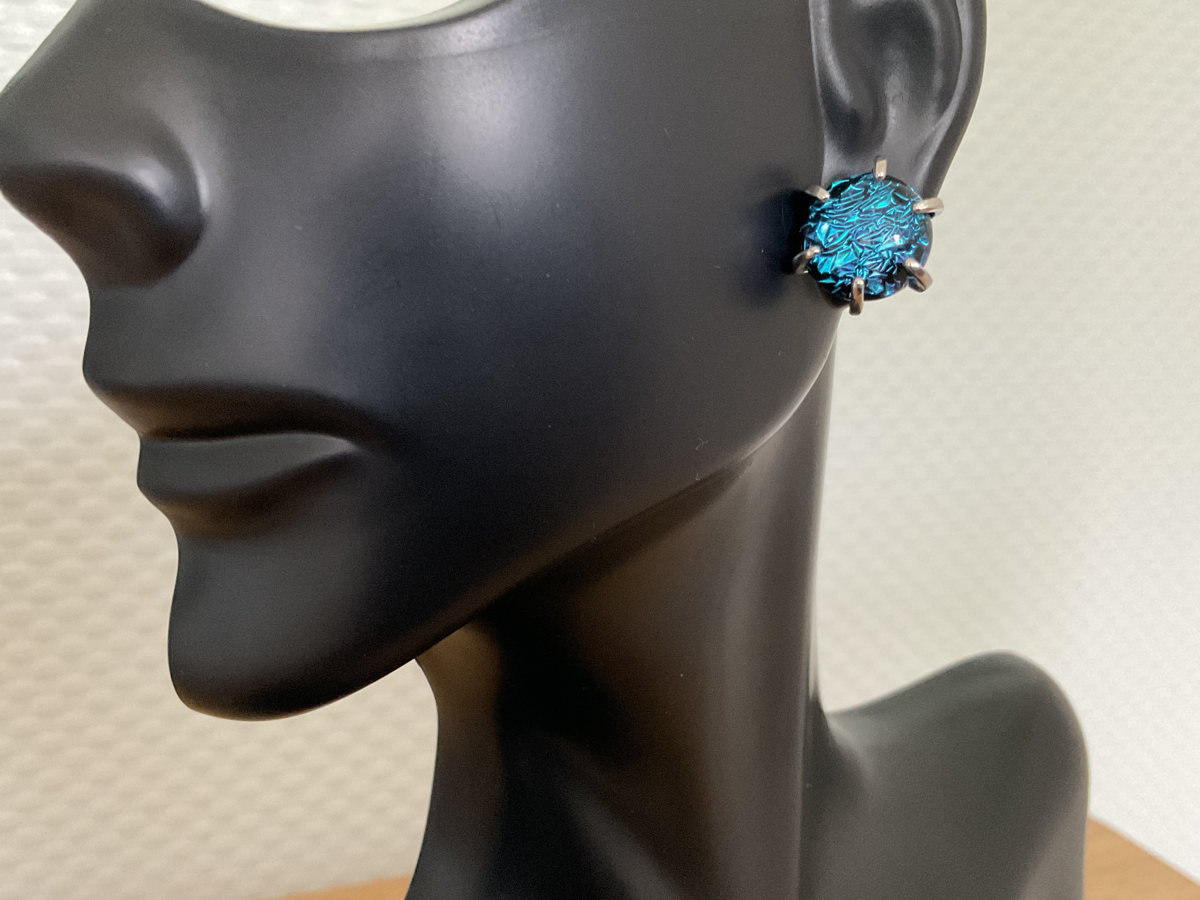 Blue Cracklized Dichroic Fused Glass Stud Earrings